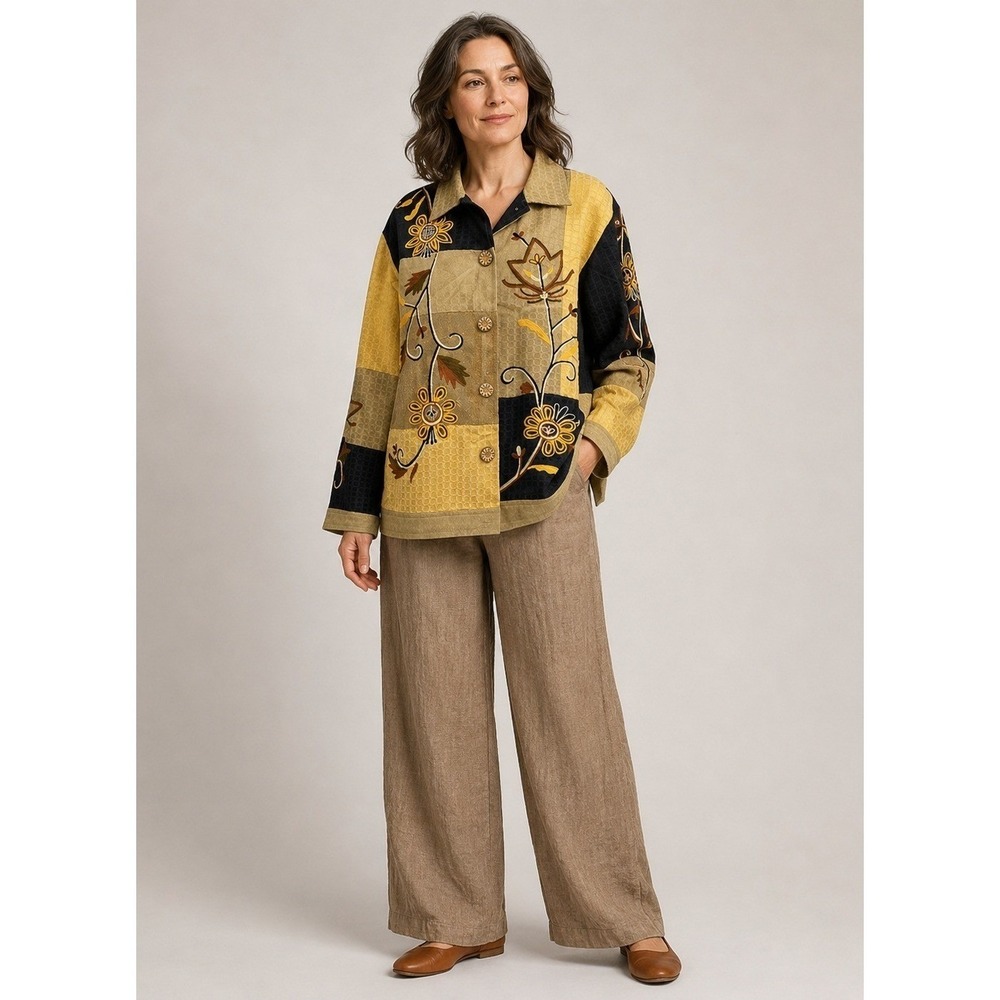 Indigo Moon Artsy Jacket Coat Women L Button Front Embroidered Thanksgiving Fall